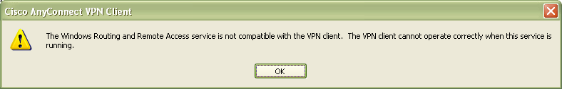 The Windows Routing and Remote Access service is not compatible with the VPN client. The VPN client cannot operate correctly when this service is running.