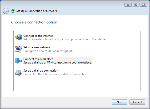 Choose Connect to the network at my workplace
