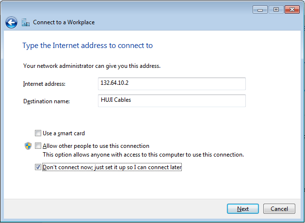 Choose Virtual Privete Network connection