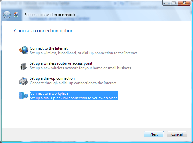 Choose Connect to the network at my workplace