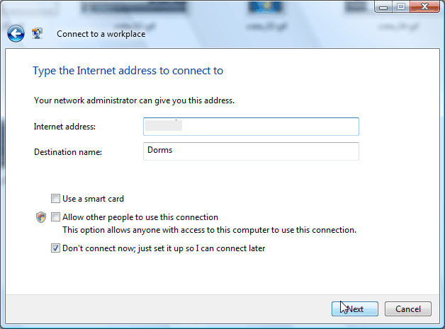 Choose Virtual Privete Network connection